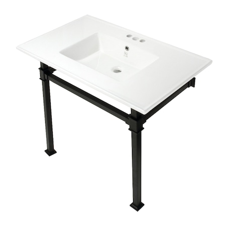 Kingston Brass KVPB37224Q0 37-Inch Console Sink with Stainless Steel Legs (4-Inch, 3 Hole), White/Matte Black KVPB37224Q0